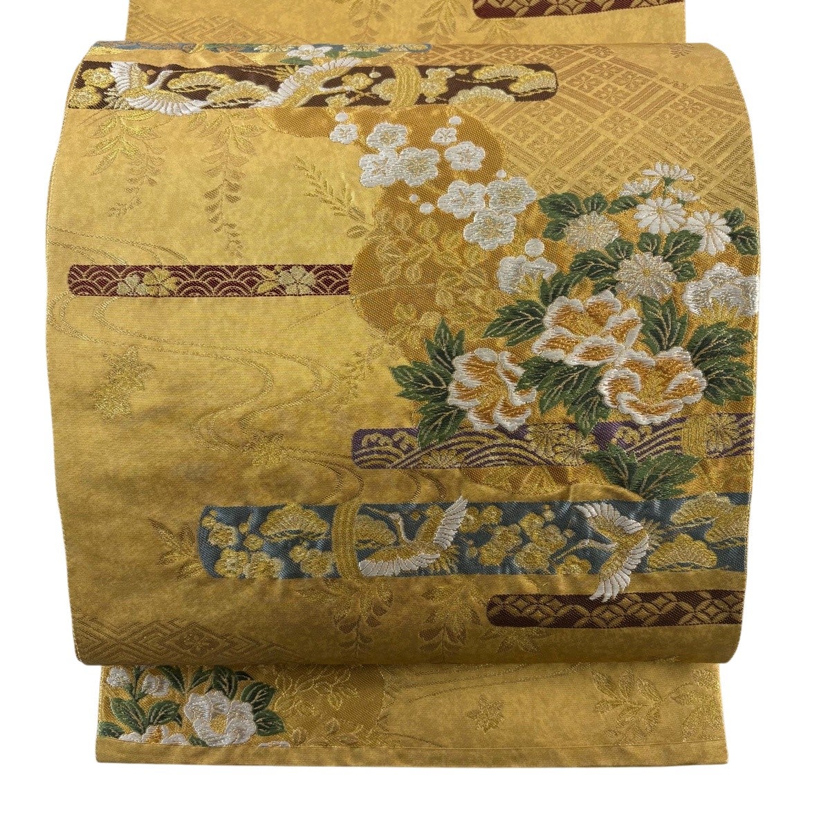 美品】 袋帯 秀品 巻物 草花 刺繍 金銀糸 銀色 六通 正絹｜中古・古着