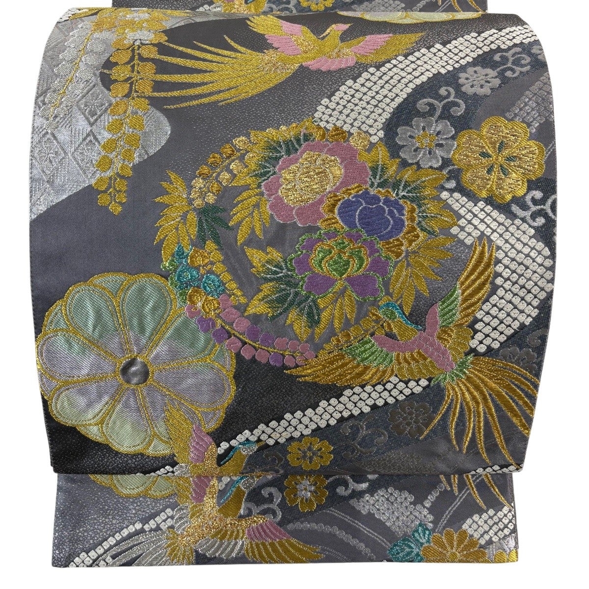 美品】 袋帯 名品 証紙あり 花鳥 道長取 金銀糸 箔 青灰色 六通 正絹