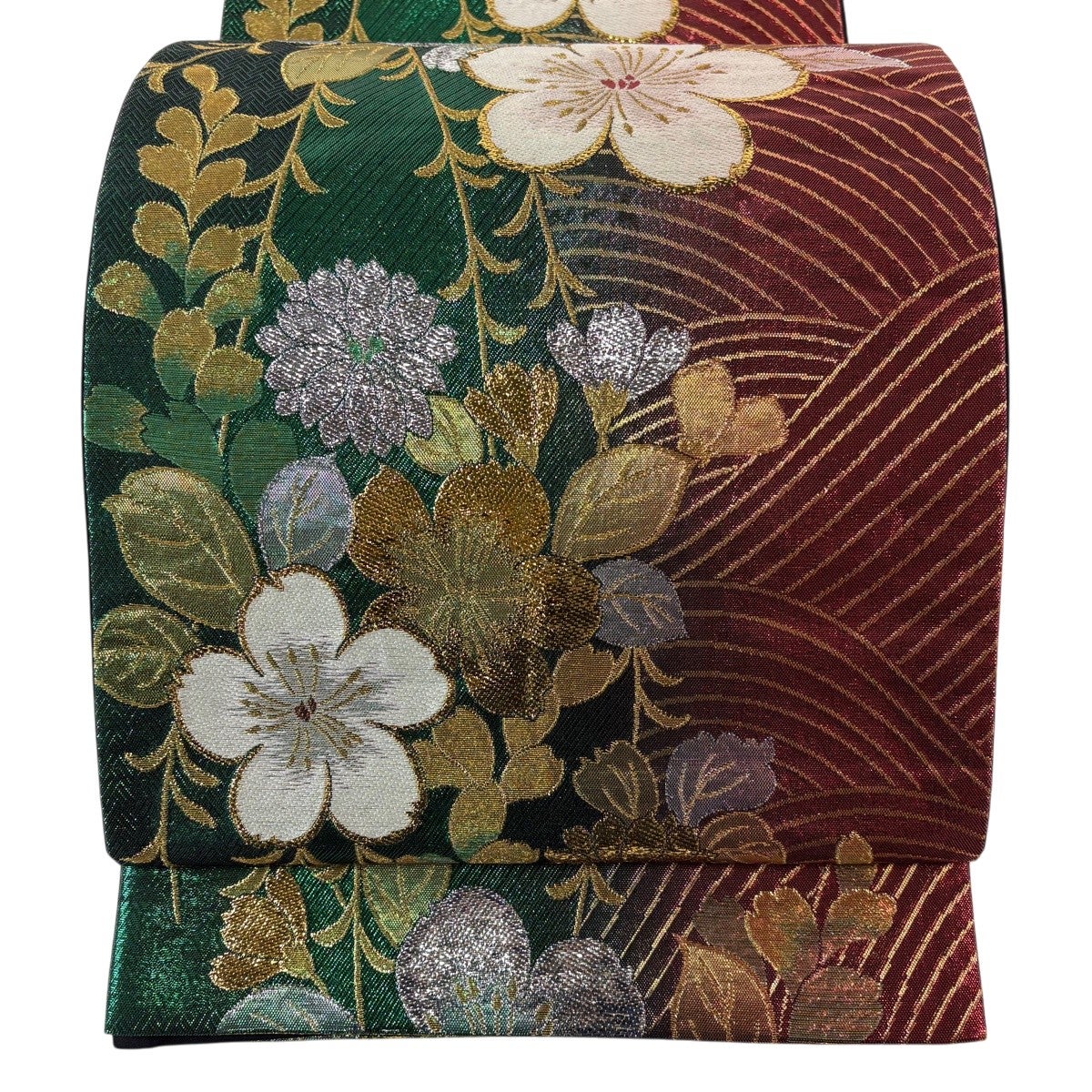 美品】 袋帯 秀品 振袖向き 辻が花柄 箔 金糸 緑 六通 正絹｜中古