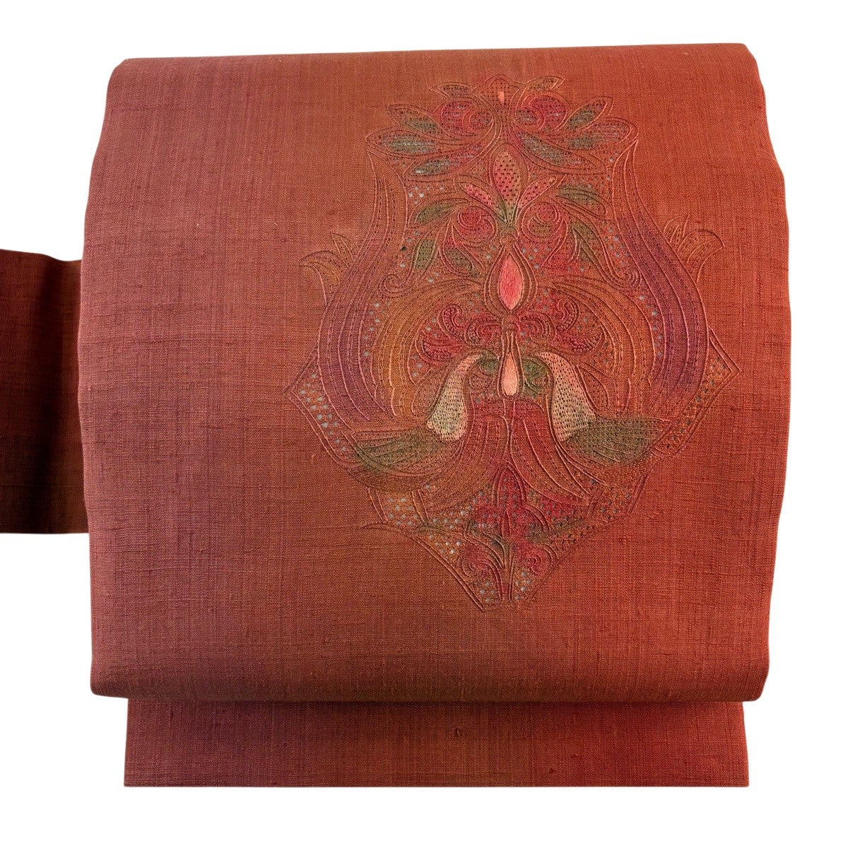 美品】 名古屋帯 秀品 花 蘇州刺繍 茜色 正絹｜中古・古着・リサイクル