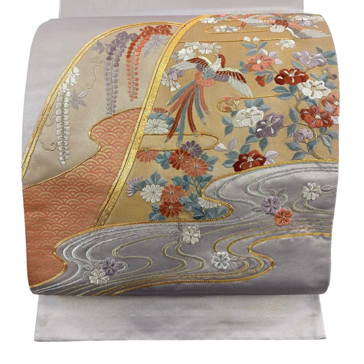 美品】 袋帯 名品 近代花鳥画 箔 金糸 金色 お太鼓柄 正絹｜中古・古着