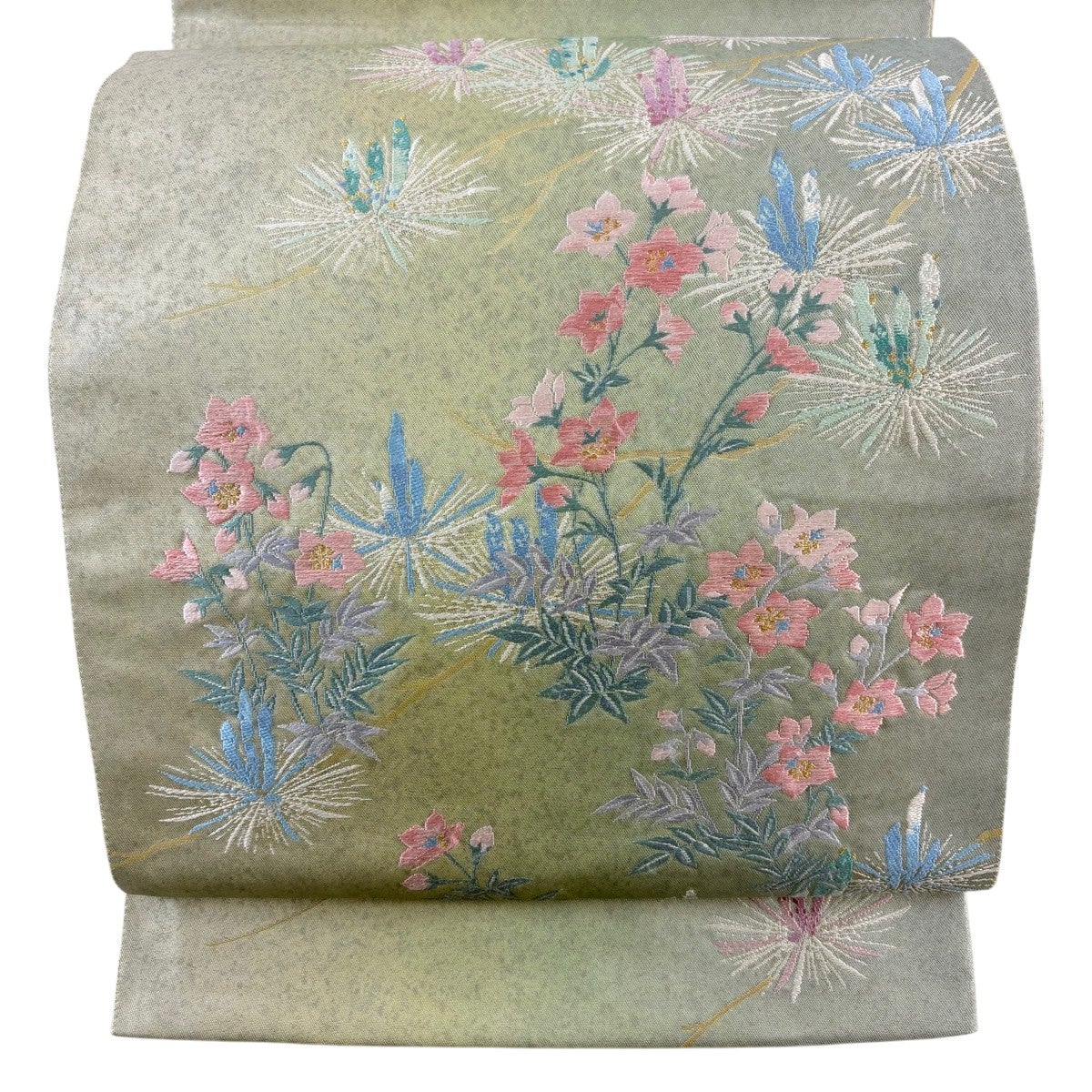 名古屋帯 秀品 草花 金糸 薄緑 正絹｜中古・古着・リサイクル着物通販