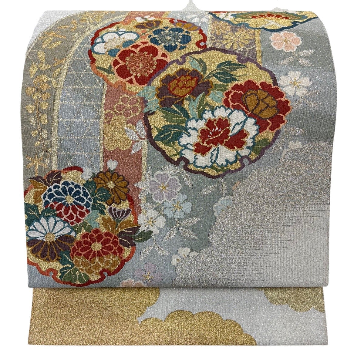 美品】 袋帯 秀品 落款あり あらいそ 関西仕立て 草花 鳥 箔 ベージュ