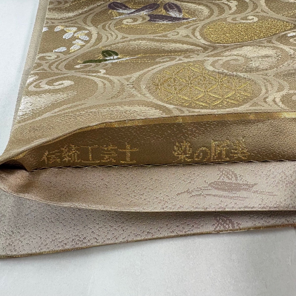 美品】 袋帯 秀品 水面 笹舟 金糸 箔 灰茶 六通 正絹｜中古・古着