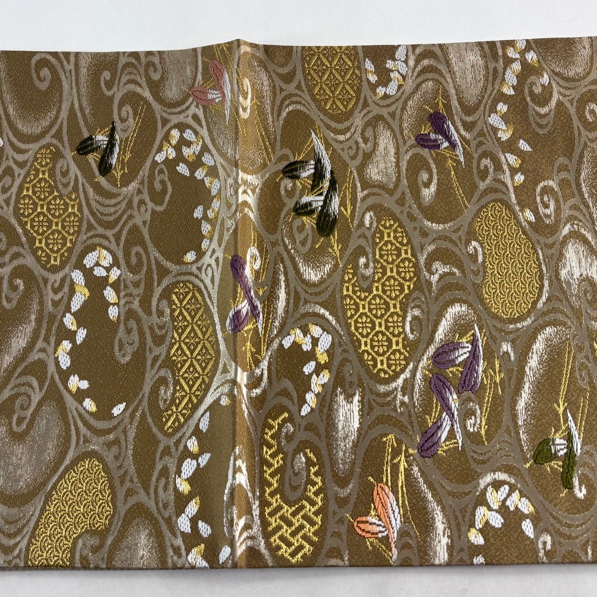 美品】 袋帯 秀品 水面 笹舟 金糸 箔 灰茶 六通 正絹｜中古・古着