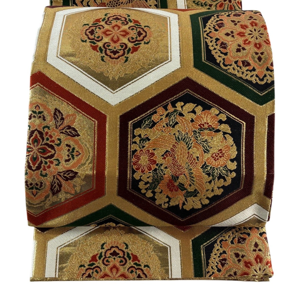 美品】 袋帯 秀品 全通 向い鳥 華文 箔 金糸 金色 全通 正絹｜中古
