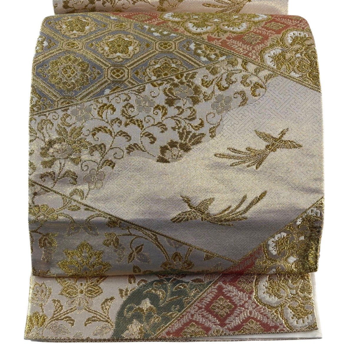 美品】 袋帯 秀品 関西仕立て 華文 草花 金糸 箔 金色 六通 正絹｜中古
