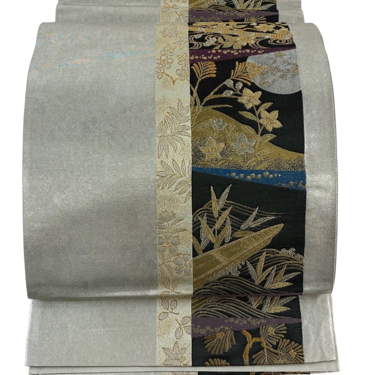 【中古】 袋帯 正絹(金銀糸除く) シルバー系 グリーン系 風景 お洒落 和装 呉服 和服 きもの レディース 女性 中古 袋帯 正絹(金銀糸除く) シルバー系 グリーン系 風景 お洒落 和装