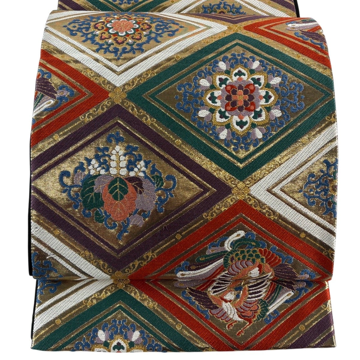 【美品】袋帯　明綴れ織　宝相華　お太鼓柄　柔らかめ 美品】 袋帯 秀品 紬地 向かい鳥 華文 刺繍 オレンジ お太鼓柄 正絹