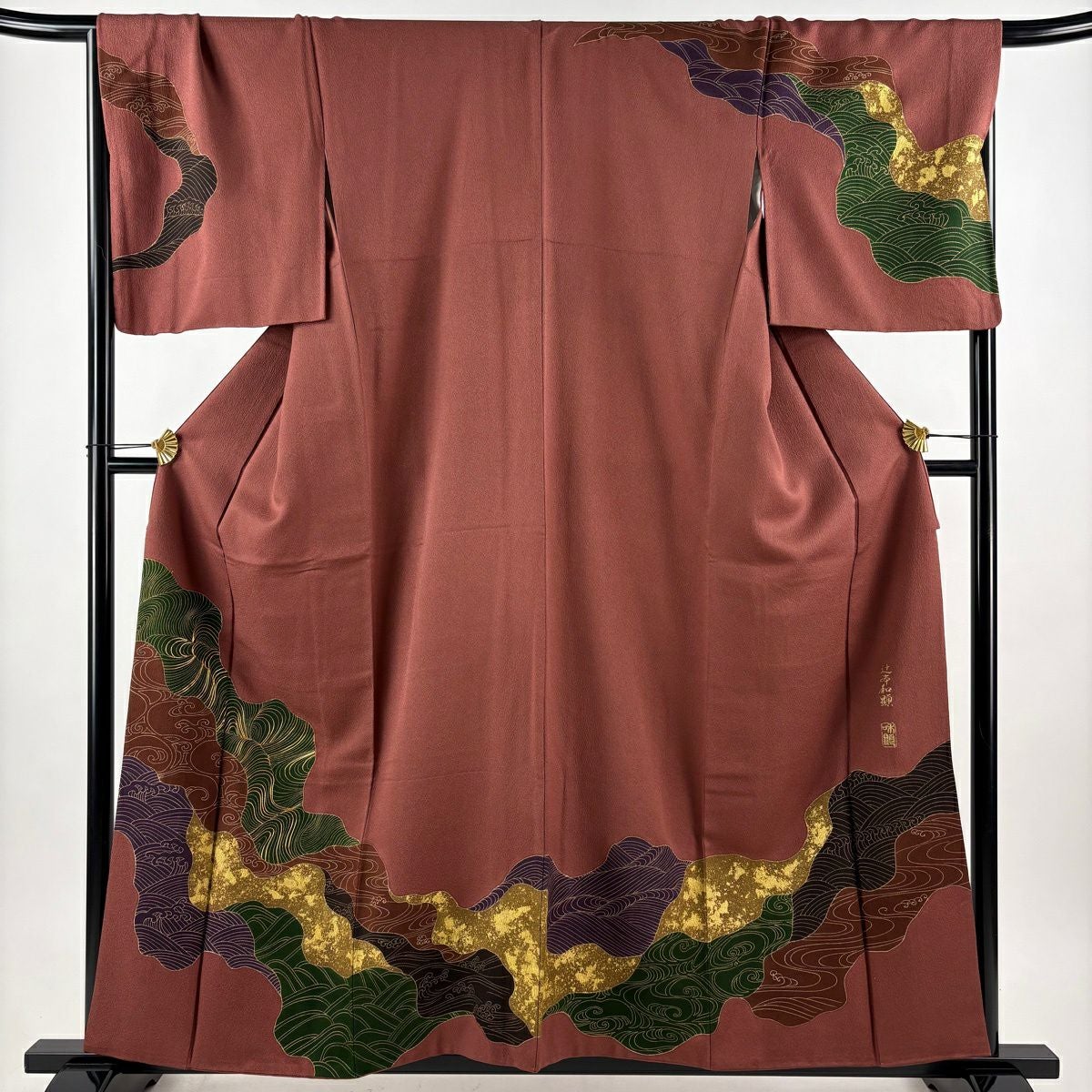訪問着 身丈155cm 裄丈64.5cm M 袷 波 幾何学 赤茶 正絹 秀品 一つ紋