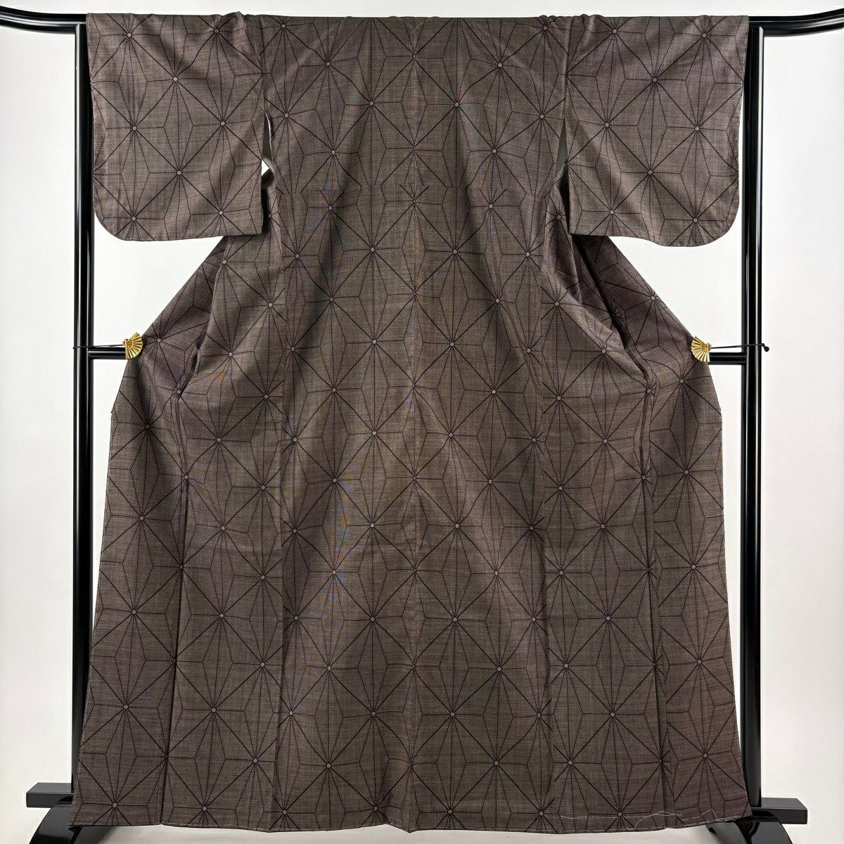 紬焦げ茶色麻の葉模様総裏地付きロングコート 美品】 紬 身丈162.5cm 裄丈64cm M 袷 ますいわ屋 麻の葉 焦茶色 正絹
