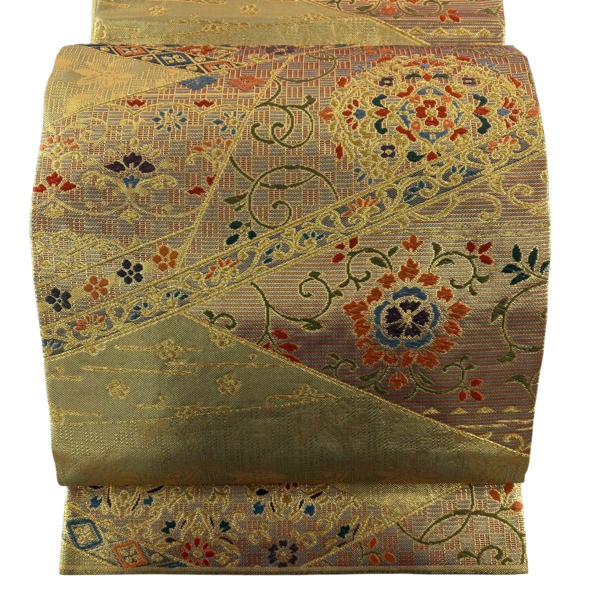 美品】 袋帯 名品 関西仕立て 華文 花喰鳥 金糸 刺繍 金色 お太鼓柄