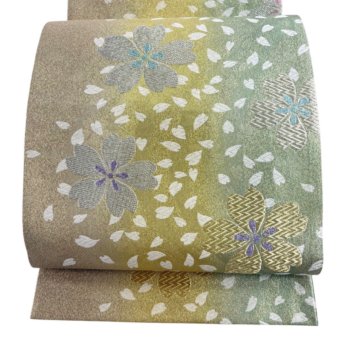 美品】 袋帯 秀品 桜 花びら 金銀糸 唐織 金色 六通 正絹｜中古・古着