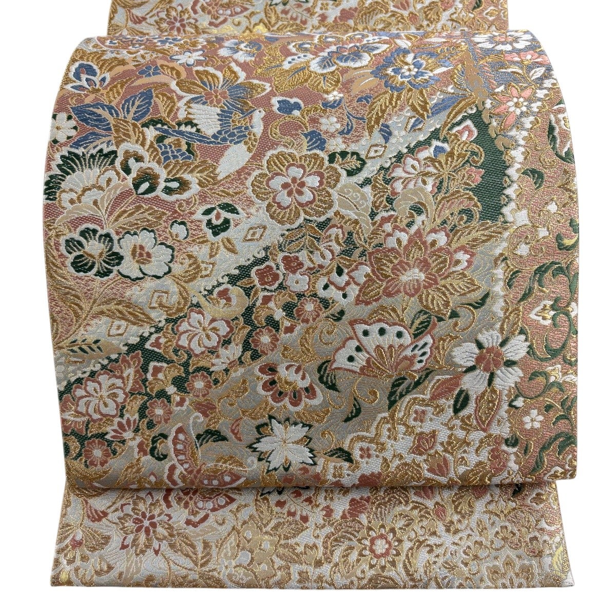 袋帯 草木染本金箔 横縞に唐草花模様 茶ベージュｘゴールド 金糸 六通柄 正絹 仕立て上がり 長さ440cm 【キモノオフ野々市若松店】 袋帯 秀品 菱 草花 金糸 唐織 金色 六通 正絹｜中古・古着・リサイクル