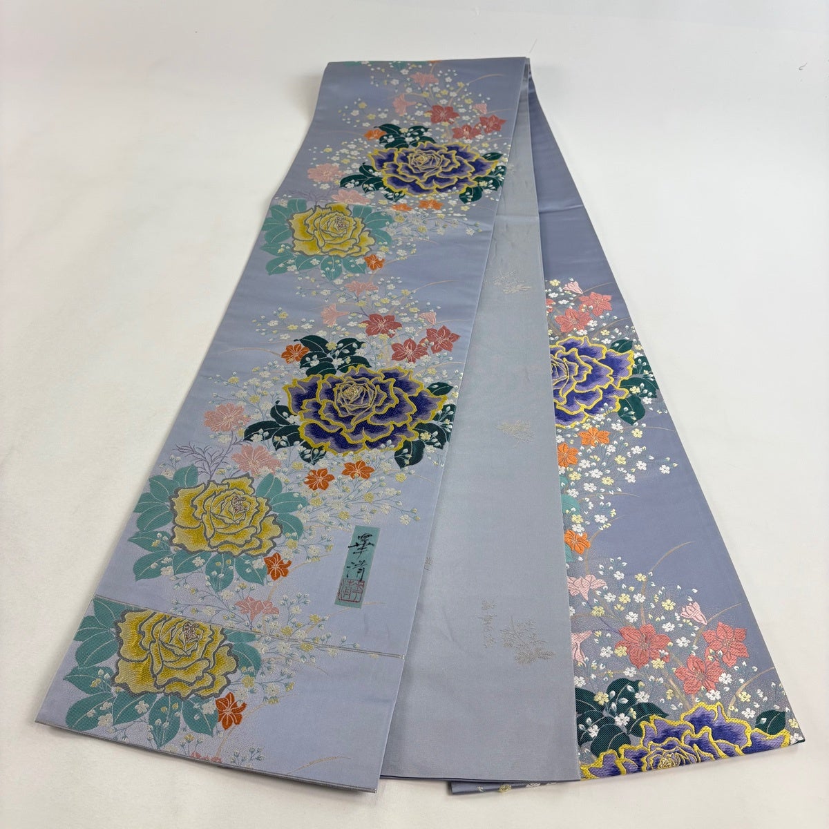 美品】 袋帯 秀品 前田華清 落款あり 関西仕立て 草花 箔 薄紫 六通