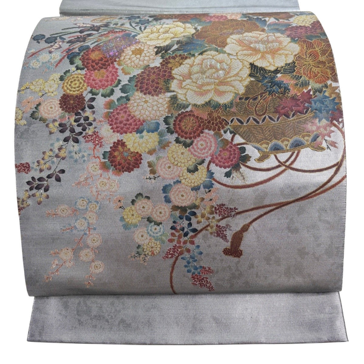 袋帯 秀品 花籠 箔 金彩 銀色 お太鼓柄 正絹｜中古・古着・リサイクル
