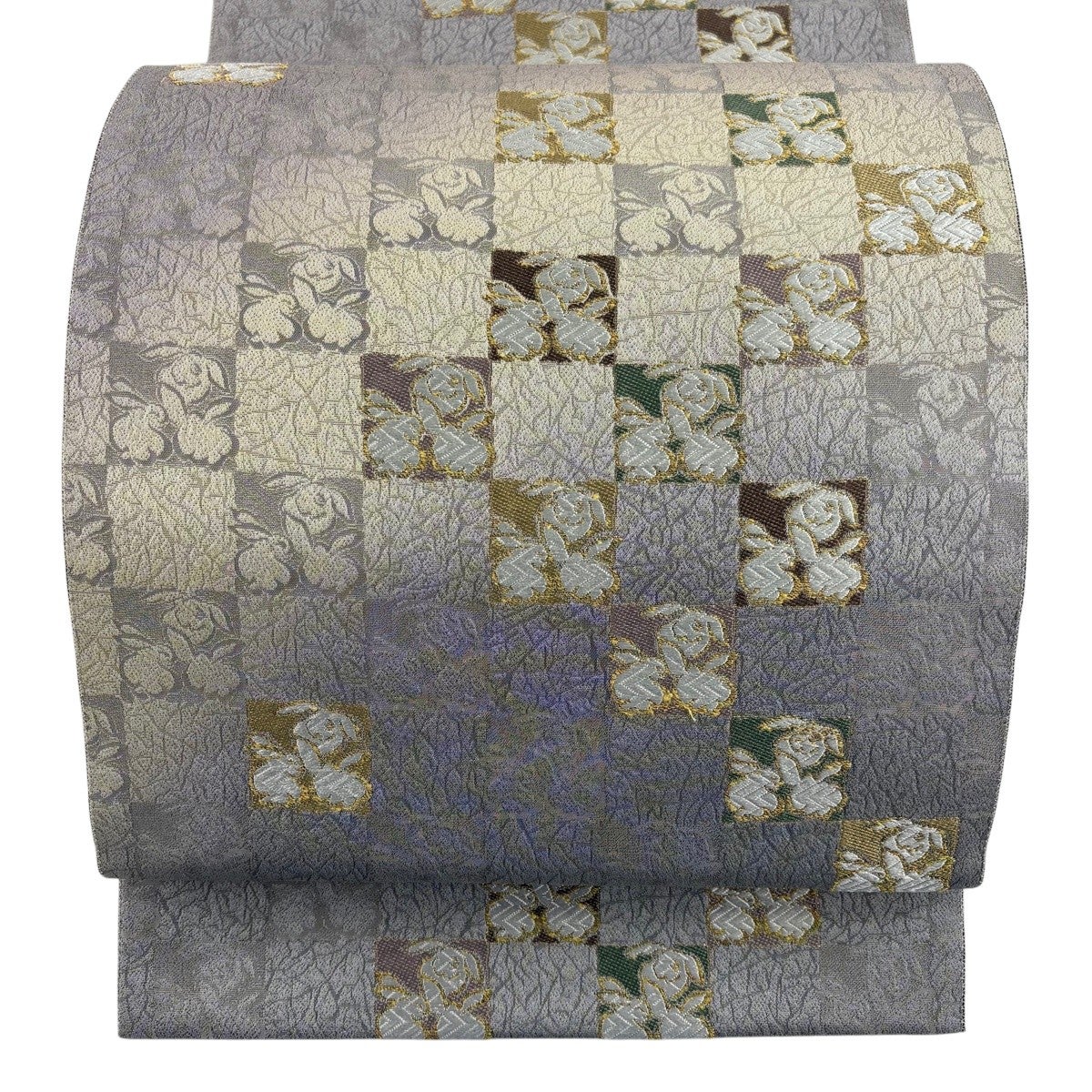 袋帯 中古 リサイクル 兎の図 うさぎ 箔糸 鼠系色 金銀 A857-7 袋帯 秀品 うさぎ 草花 箔 金糸 鶯色 六通 正絹｜中古・古着