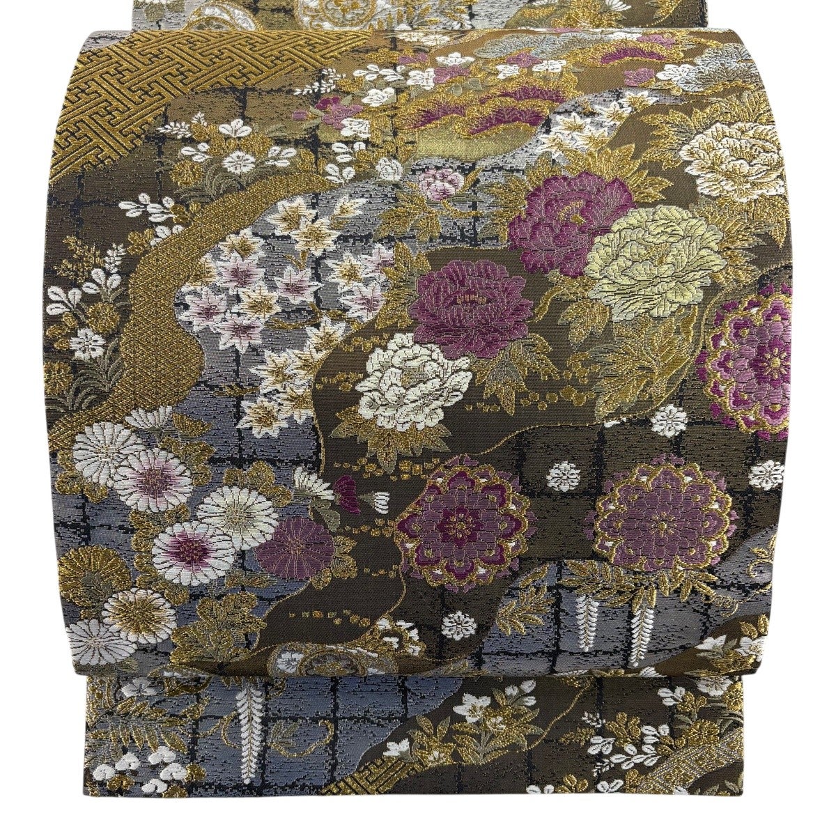 美品】 袋帯 名品 華文 草花 金糸 箔 金茶 六通 正絹｜中古・古着