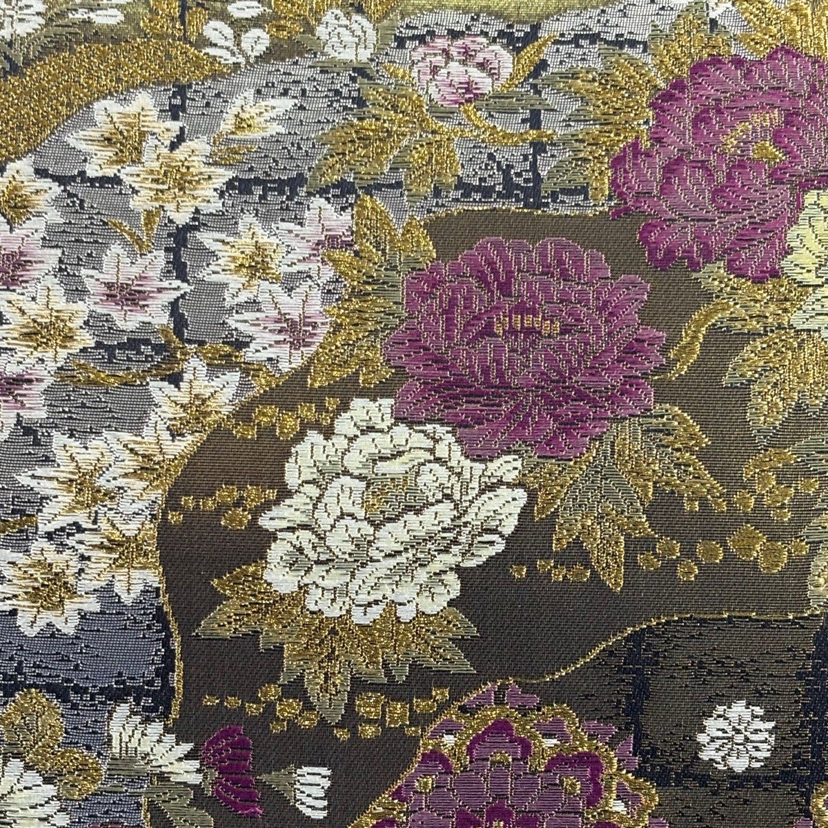 ◆着物 帯 袋帯 刺繍 金糸 草花 桜 名古屋帯 お洒落文様 逸品 昭和レトロ 加納幸】 特選西陣織袋帯 ≪御仕立て上がり・中古品≫ 「葉桜地琳派