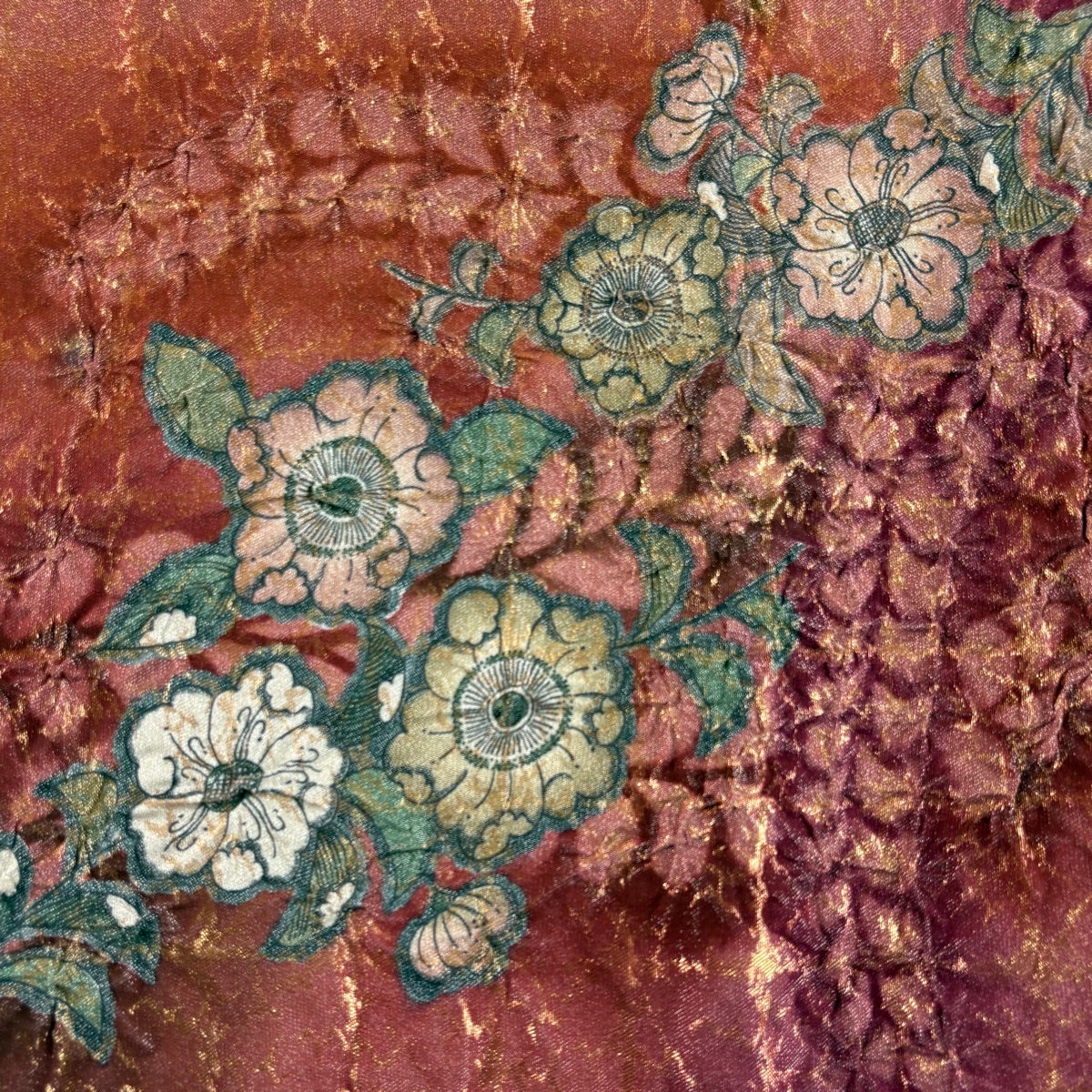 美品】 袋帯 名品 辻が花 藤 銀通し 箔 茜色 お太鼓柄 正絹｜中古