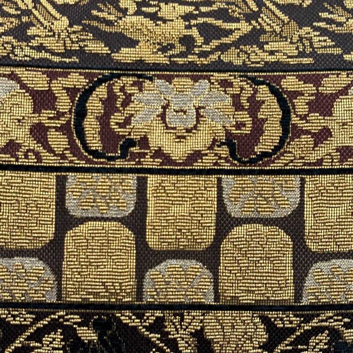 美品】 袋帯 名品 関西仕立て 動物 草花 金銀糸 輪奈織 灰緑 六通 正絹