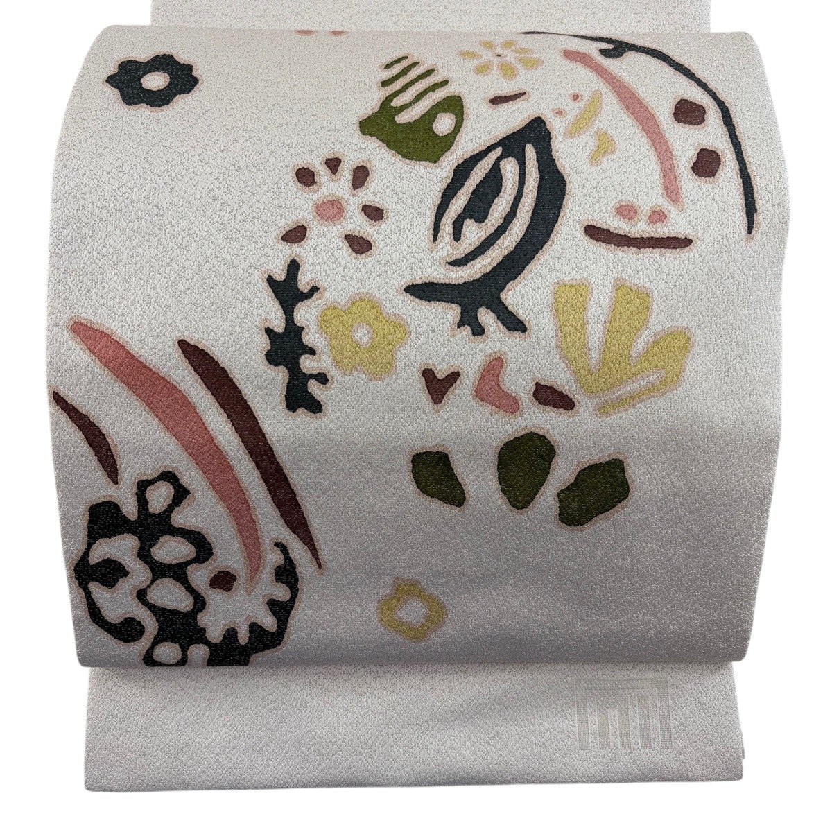 開き名古屋帯 名品 大久保玄才 落款あり 草花 幾何学模様 銀通し 薄