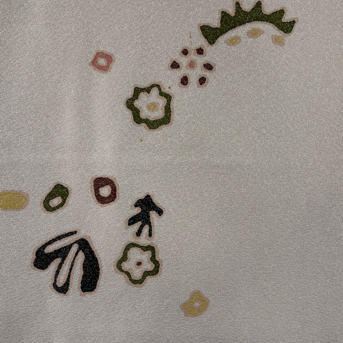 開き名古屋帯 名品 大久保玄才 落款あり 草花 幾何学模様 銀通し 薄