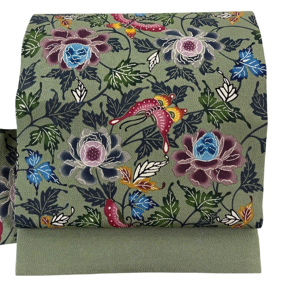 美品】 名古屋帯 逸品 城間栄順 落款あり 琉球紅型 蝶 草花 縮緬 灰緑