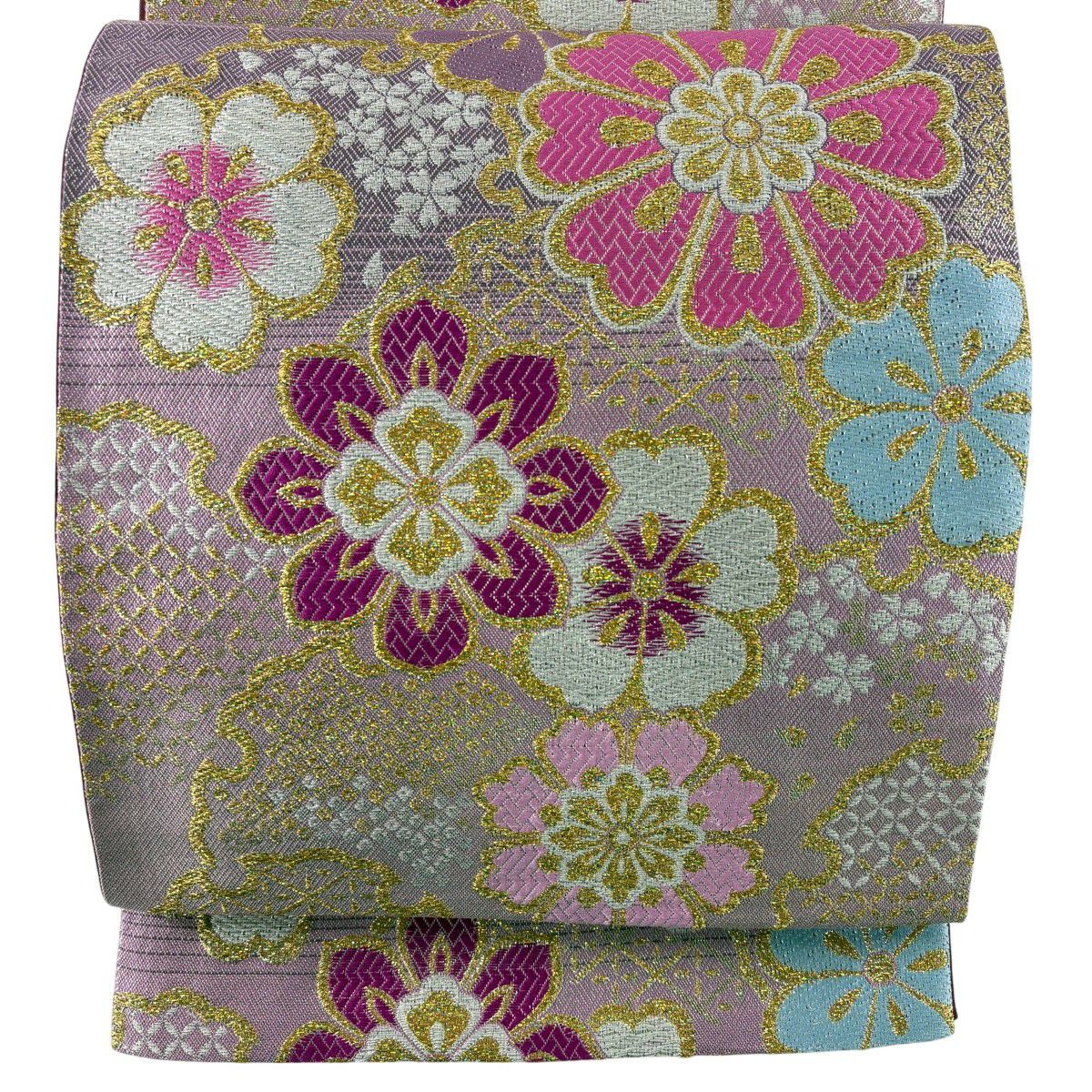 袋帯 秀品 華文 草花 銀糸 刺繍 薄紫 六通 正絹｜中古・古着