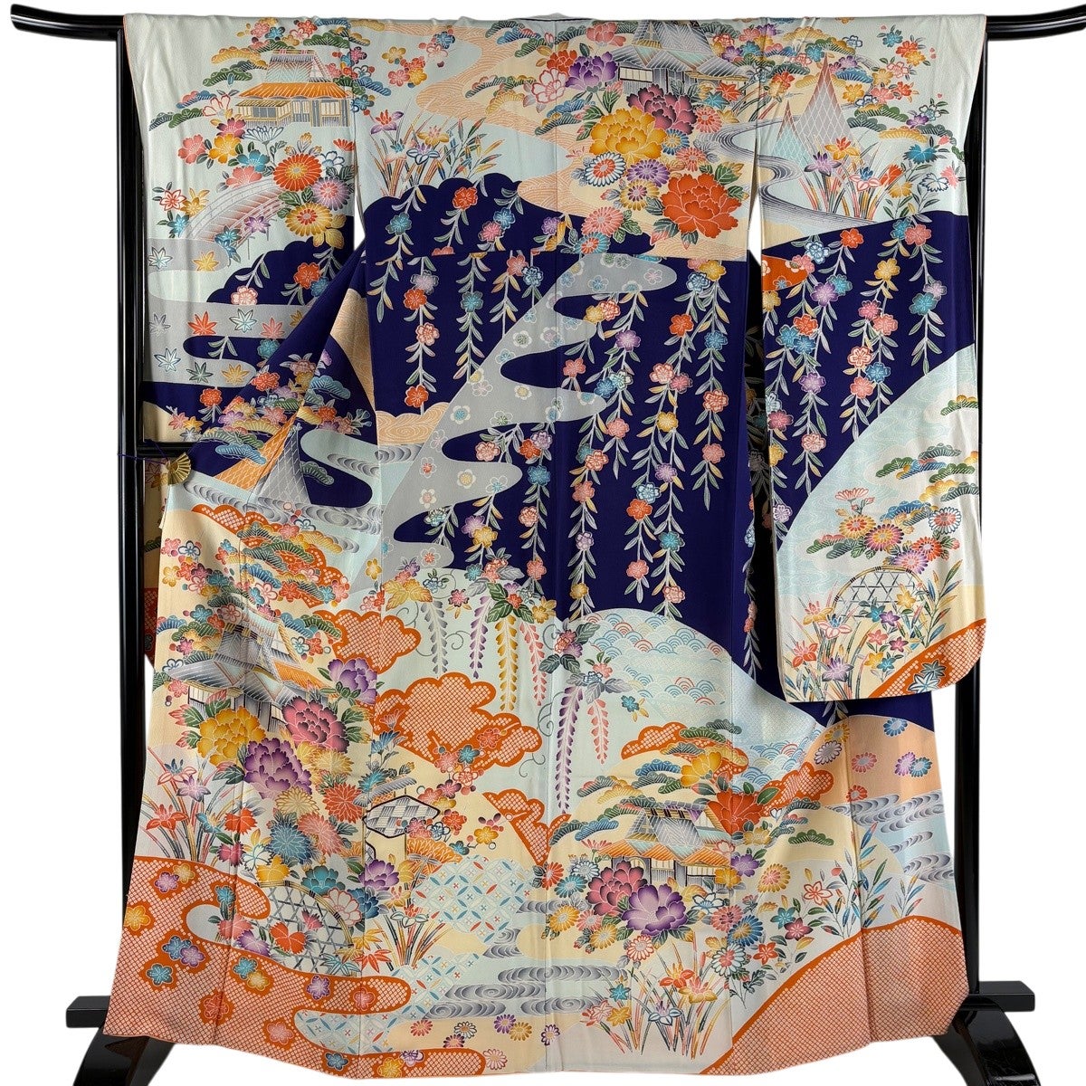 小紋　身丈164　裄68　ちりめん　幾何学　正絹　着物　033b p 美品】 小紋 身丈160.5cm 裄丈63.5cm S 袷 幾何学模様 ぼかし 紫 正絹