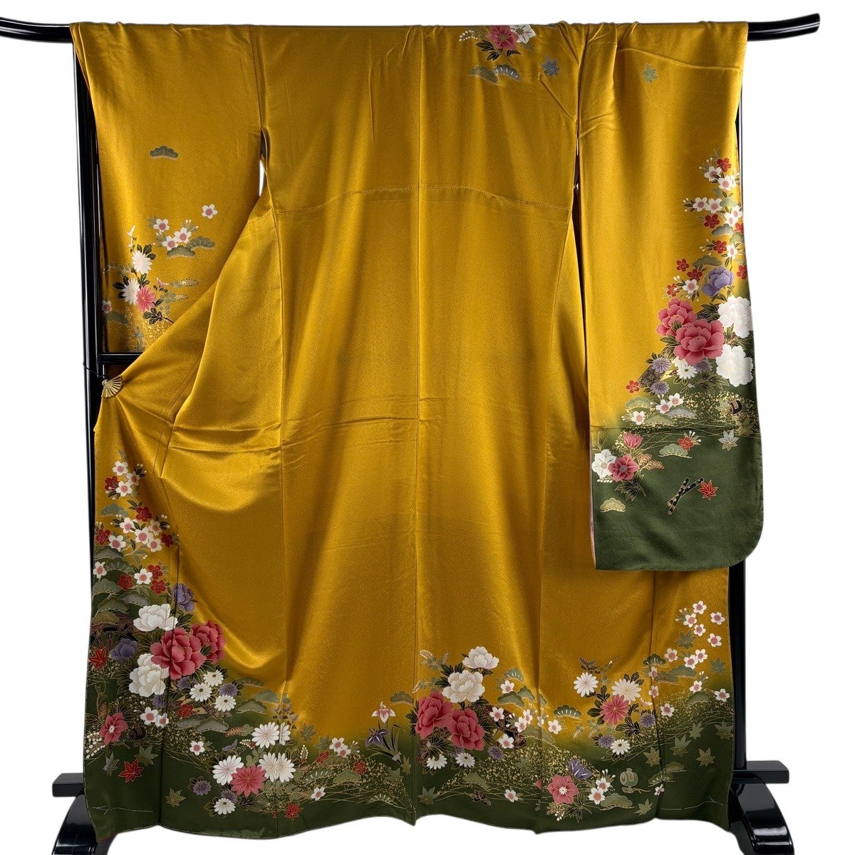 美品】 振袖 身丈172cm 裄丈69cm L 袷 牡丹 桜 箔 金彩 青緑 正絹 名品