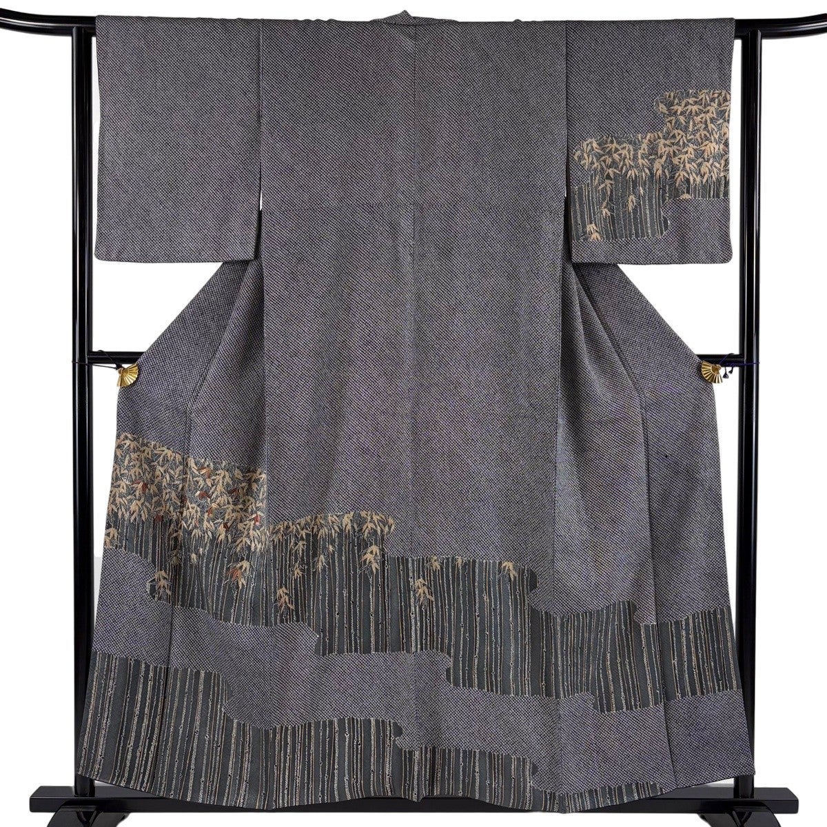 訪問着 身丈154cm 裄丈62cm S 袷 草花 葉柄 絞り 濃紫 正絹 秀品｜中古