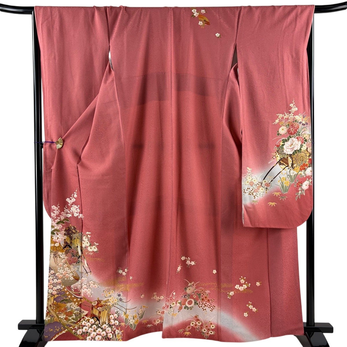 【振袖フルセット】身丈162.5cm 裄丈67.5cm 桜 流水 箔 金彩 赤 振袖 身丈167cm 裄丈67.5cm L 袷 袋帯フルセット 花丸文 松竹梅 金彩