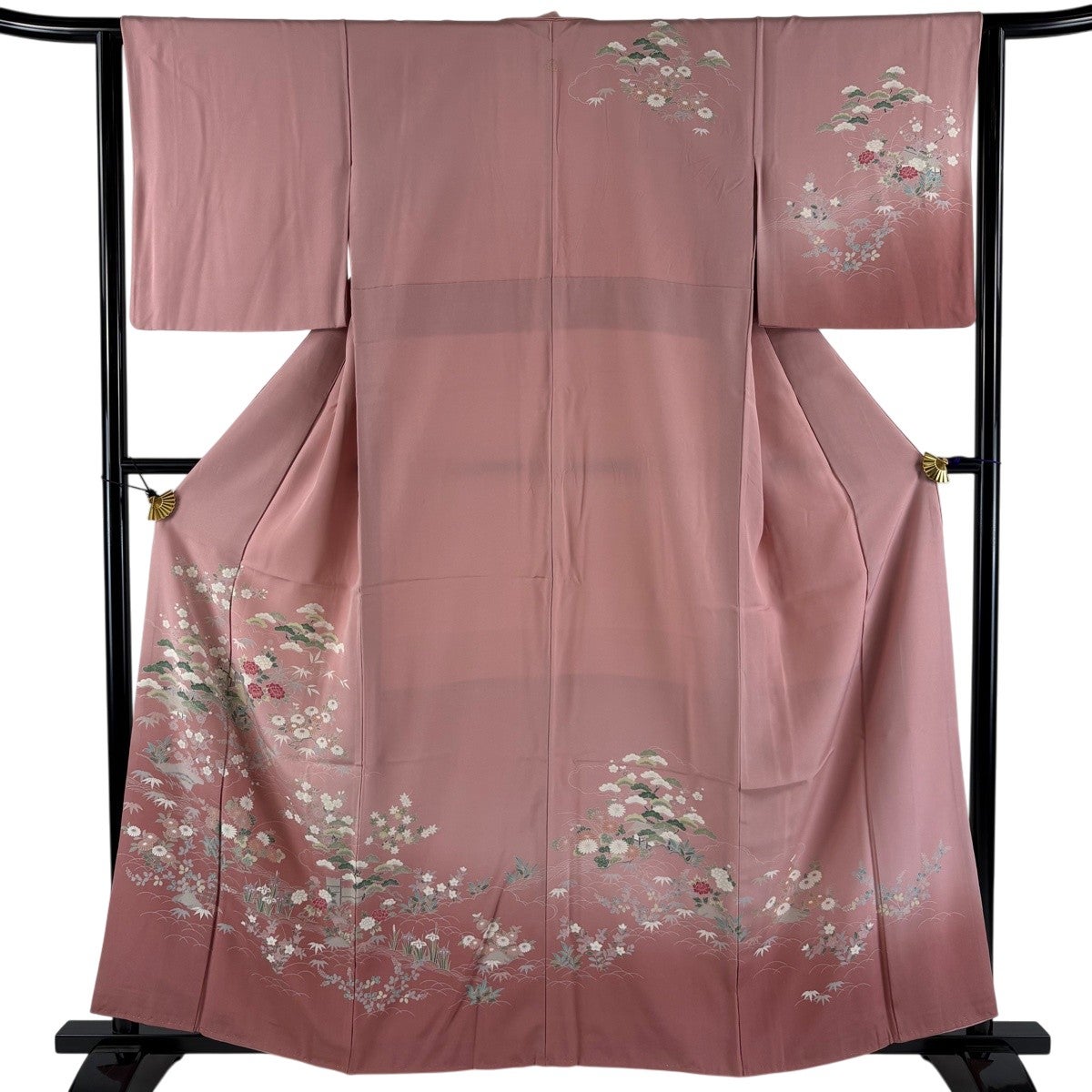 付下げ 身丈166cm 裄丈66cm M 袷 草花 ぼかし 灰色 正絹 秀品｜中古