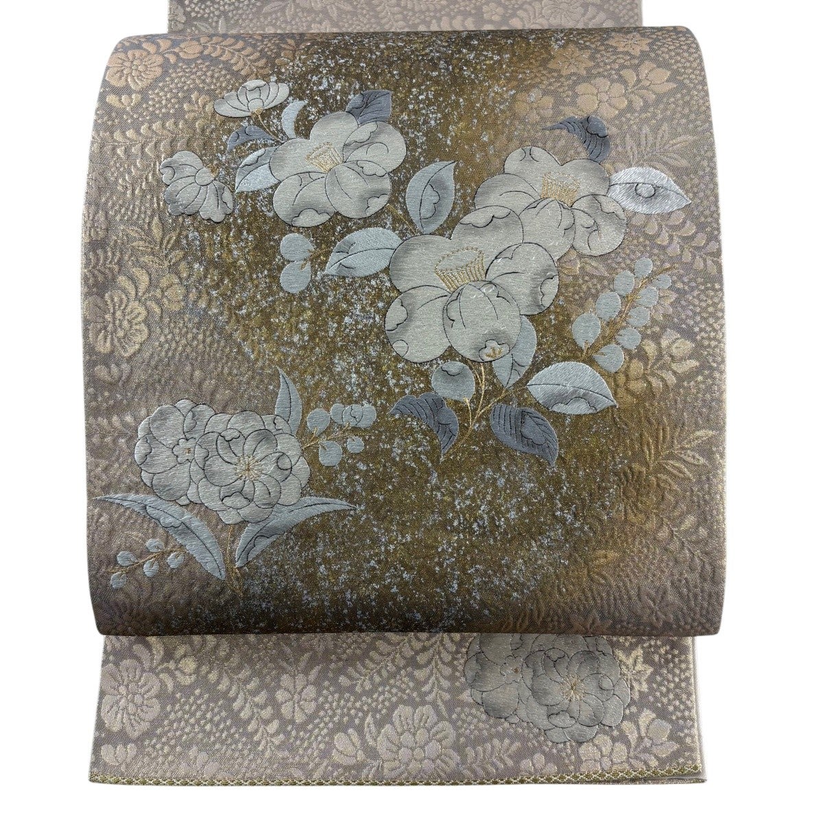 箔 辻が花柄 秀品 袋帯 美品】 袋帯　辻ヶ花模様　お太鼓柄　クリーム色　地模様　グレー×ベージュ 金銀糸 正絹｜中古 お太鼓柄 クリーム 着物・浴衣