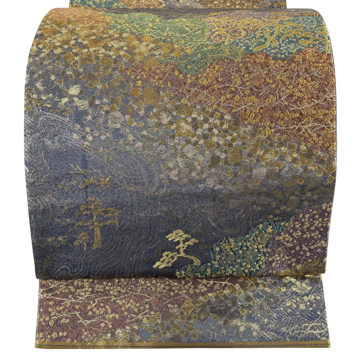 美品】 袋帯 秀品 松竹梅 草花 金銀糸 箔 灰色 六通 正絹｜中古・古着