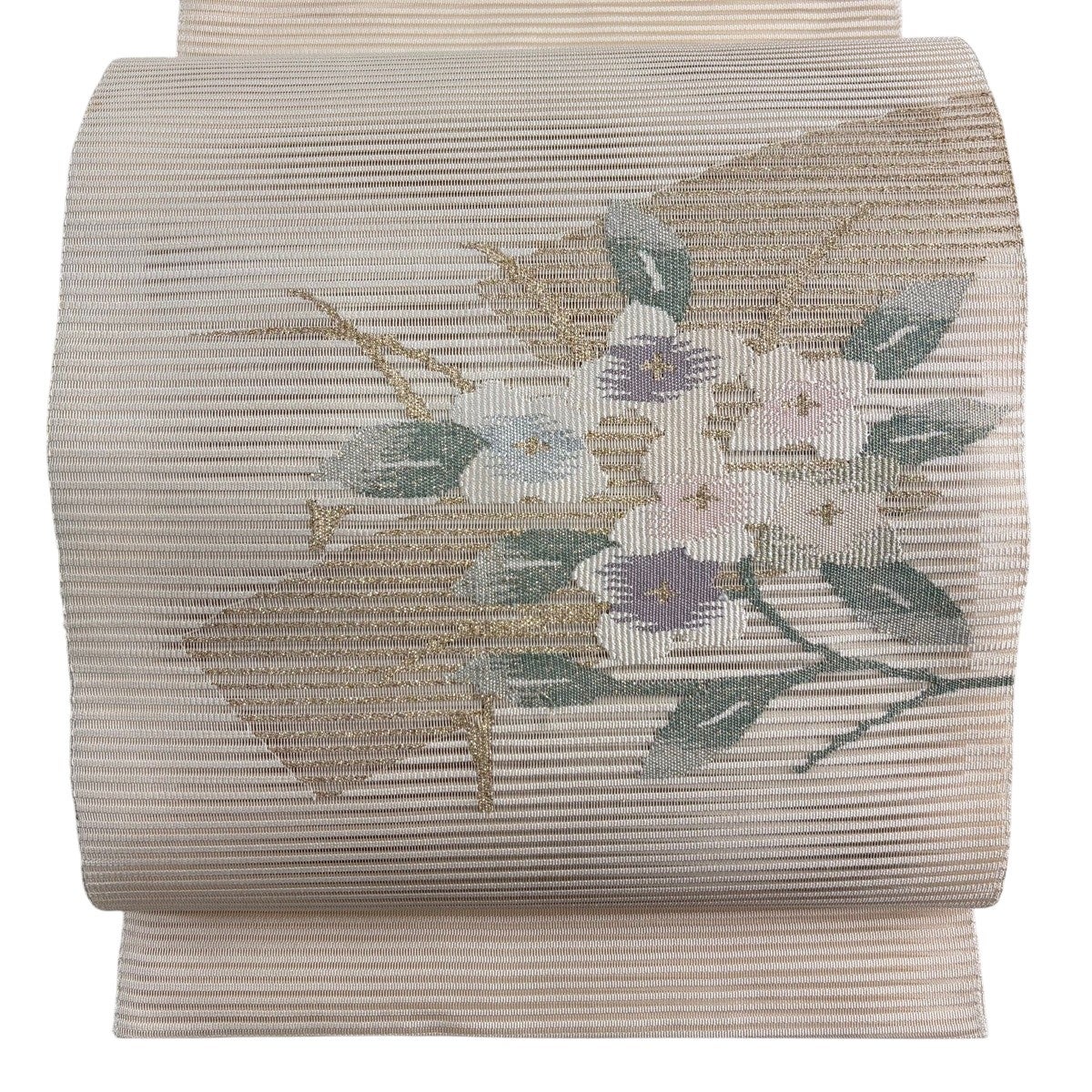 美品 名古屋帯 松葉仕立て 夏帯 夏 絽綴れ アイボリー 枝花 銀糸 3ｍ65㎝ 70%OFF 名古屋帯 名品 絽 夏帯 松葉仕立て 八寸名古屋帯 草花 金銀糸