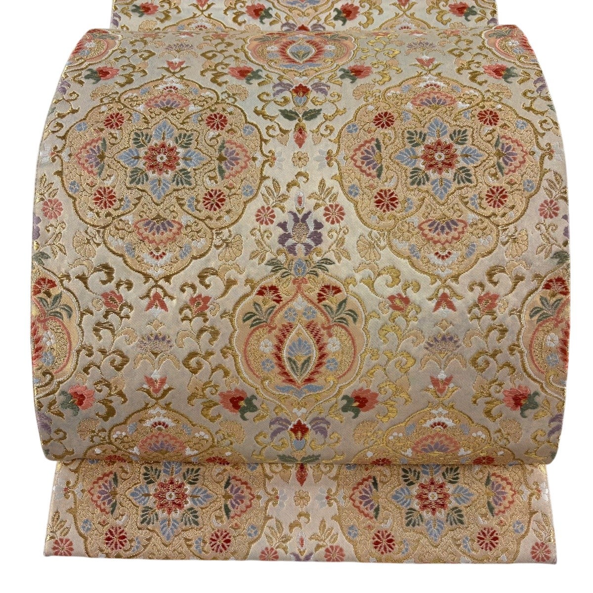 美品】 袋帯 秀品 琳派山取文 山並 草花 金糸 箔 灰茶 六通 正絹｜中古