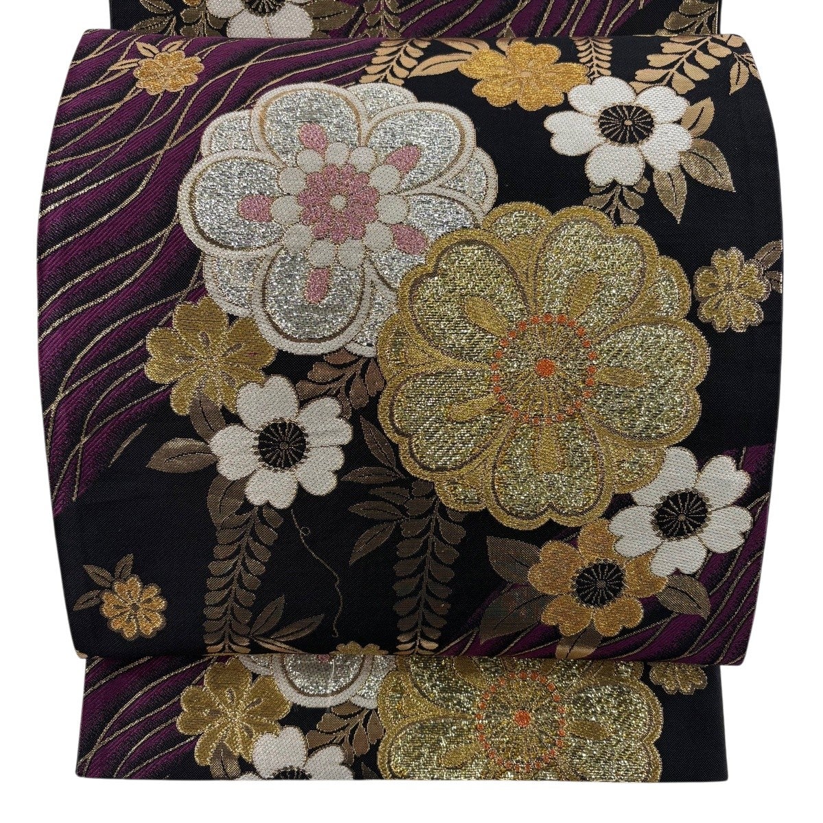 美品】 袋帯 秀品 花 青海波 金糸 箔 赤茶 六通 正絹｜中古・古着