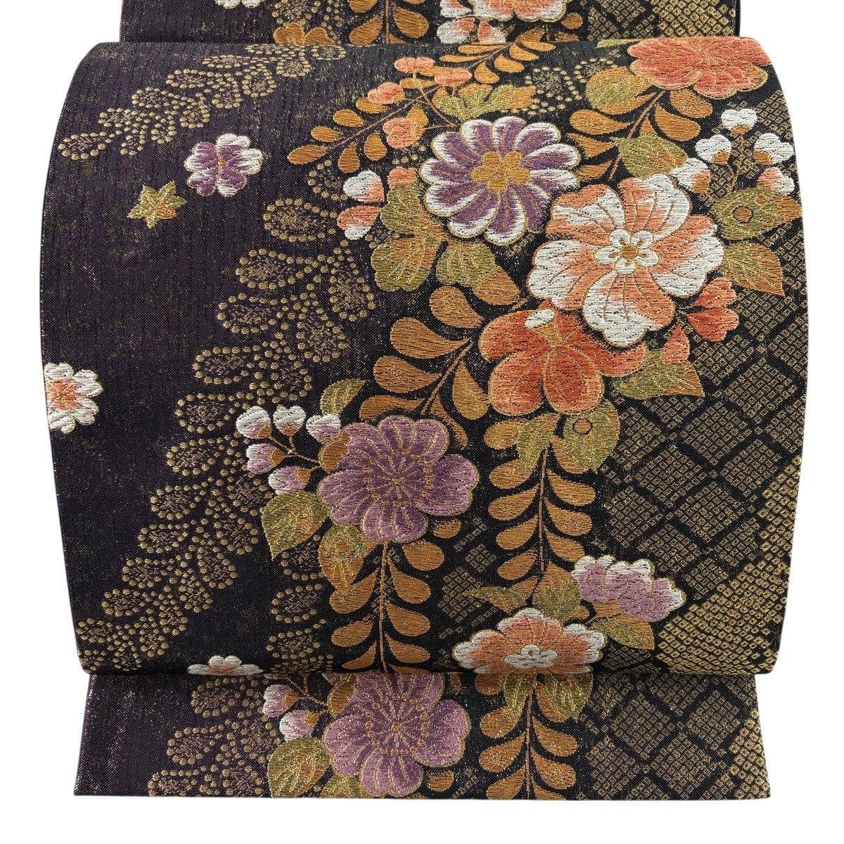 袋帯 美品 秀品 扇 花鳥 刺繍 箔 ベージュ お太鼓柄 正絹 【中古