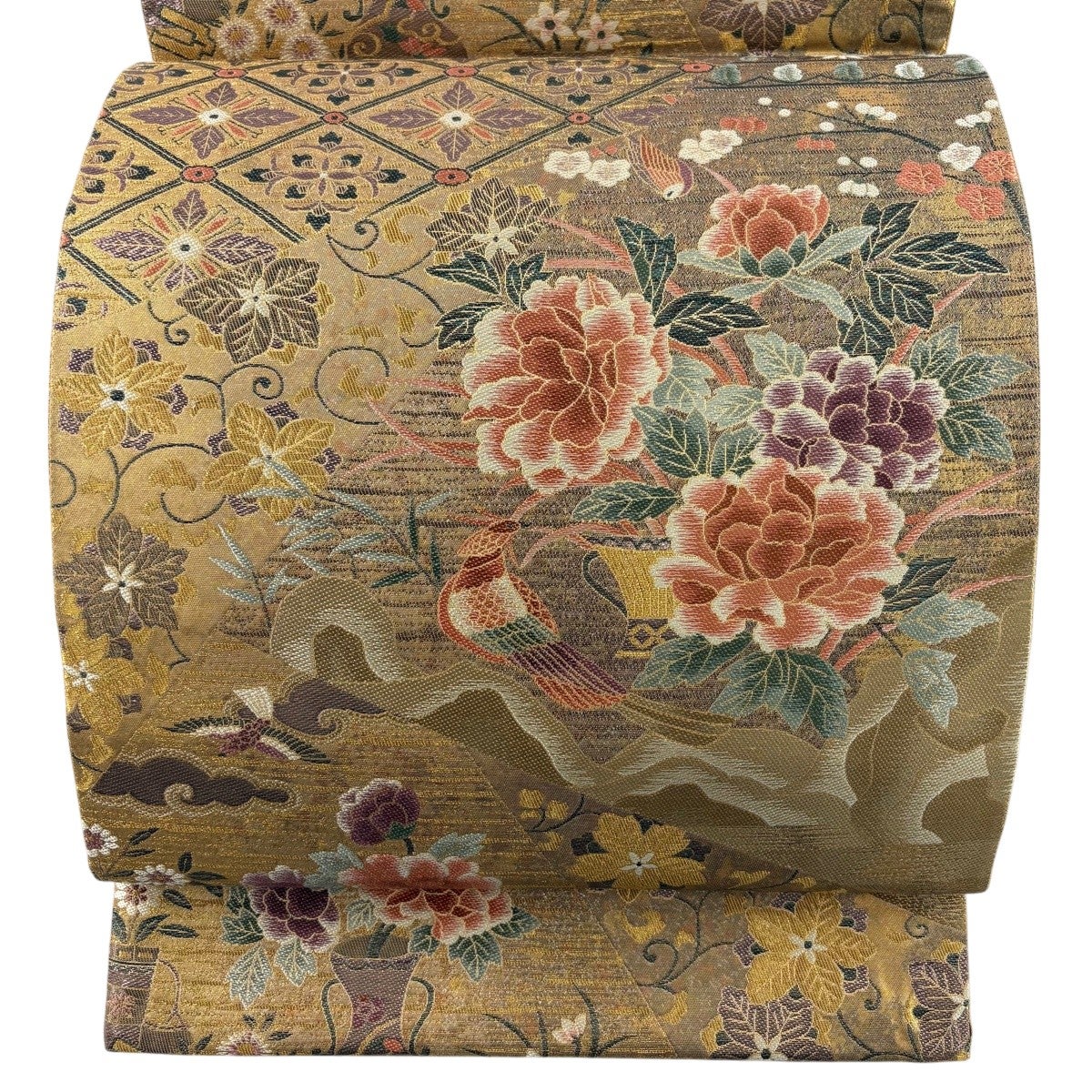 美品】 袋帯 秀品 関西仕立て 鳥 草花 箔 金糸 金色 六通 正絹｜中古