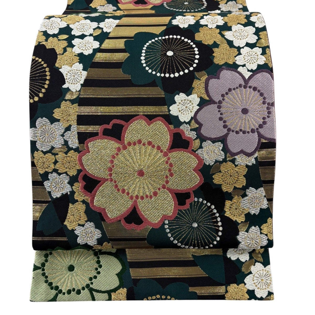 50%OFF 【美品】 袋帯 秀品 粋浪漫 手鞠 桜 金銀糸 箔 黒 六通 正絹