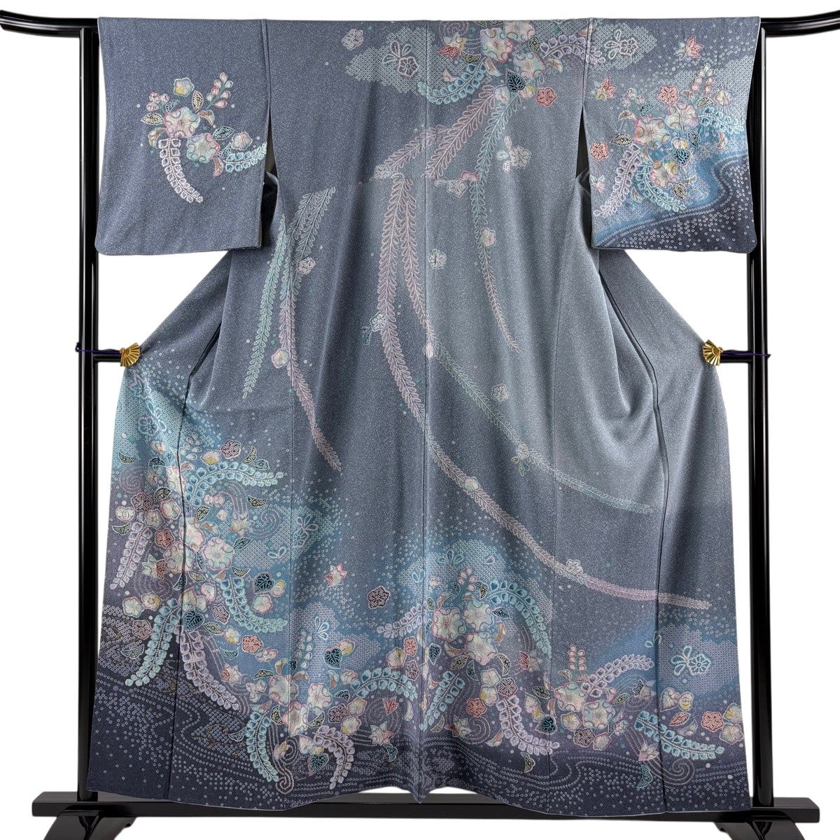 訪問着 身丈155.5cm 裄丈63cm S 袷 童 草花 金彩 ぼかし 深緑 正絹 秀