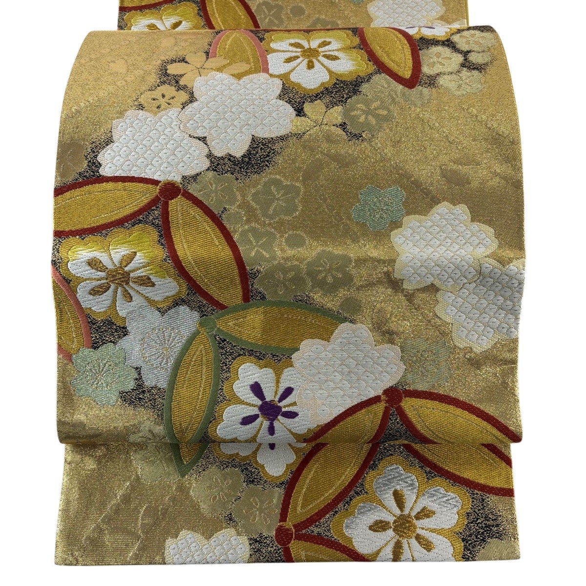 美品】 袋帯 秀品 草花 幾何学模様 金糸 箔 金色 六通 正絹｜中古