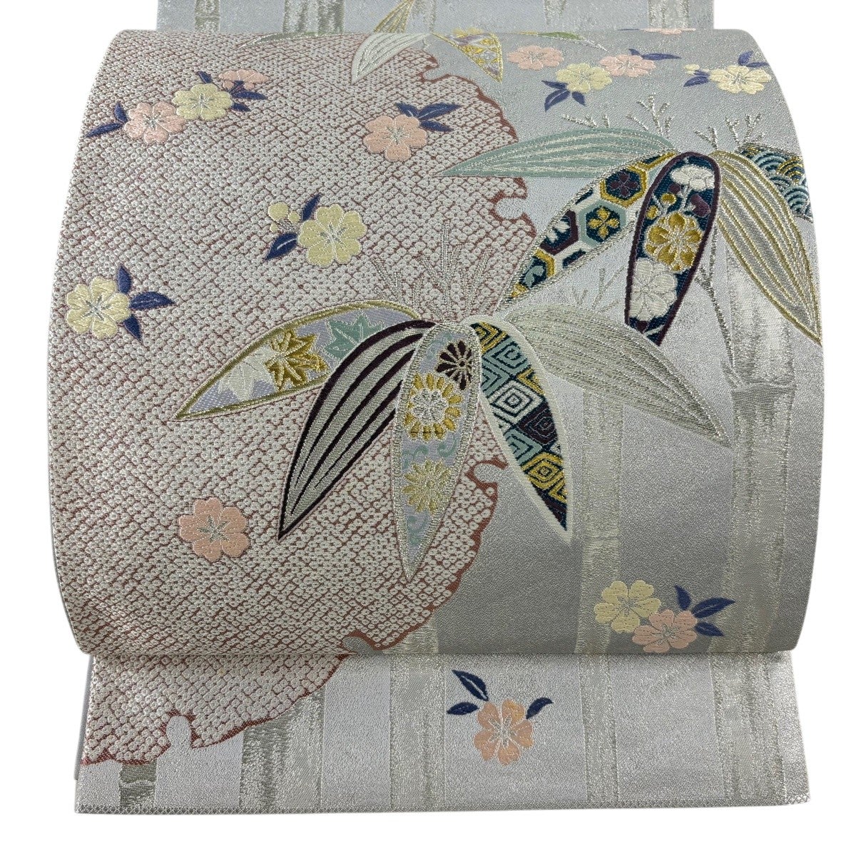 最終価格】 73%OFF 【美品】 名古屋帯 名品 雪輪笹青海波 唐織 箔 灰茶