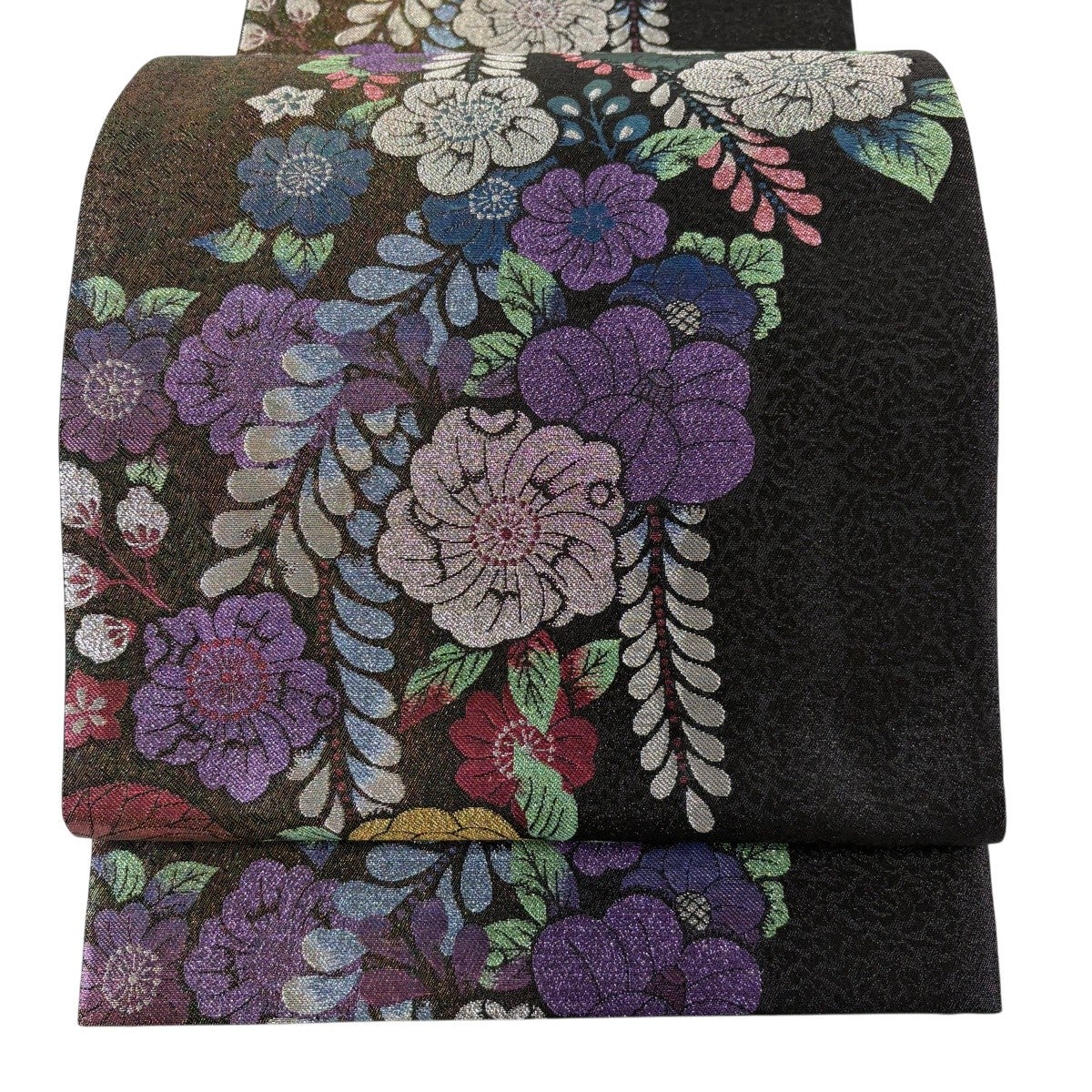 袋帯 秀品 幾何学 草花 金銀糸 箔 黒 六通 正絹｜中古・古着