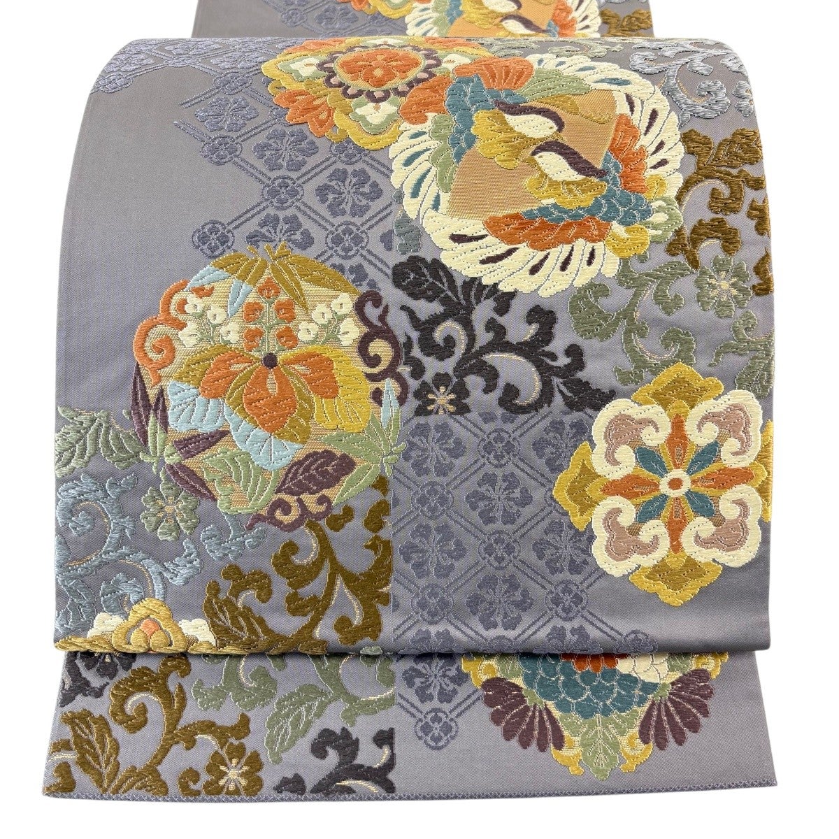 50%OFF 【美品】 袋帯 秀品 慶祥唐織 華文 向かい鳥 箔 唐織 灰紫 六通