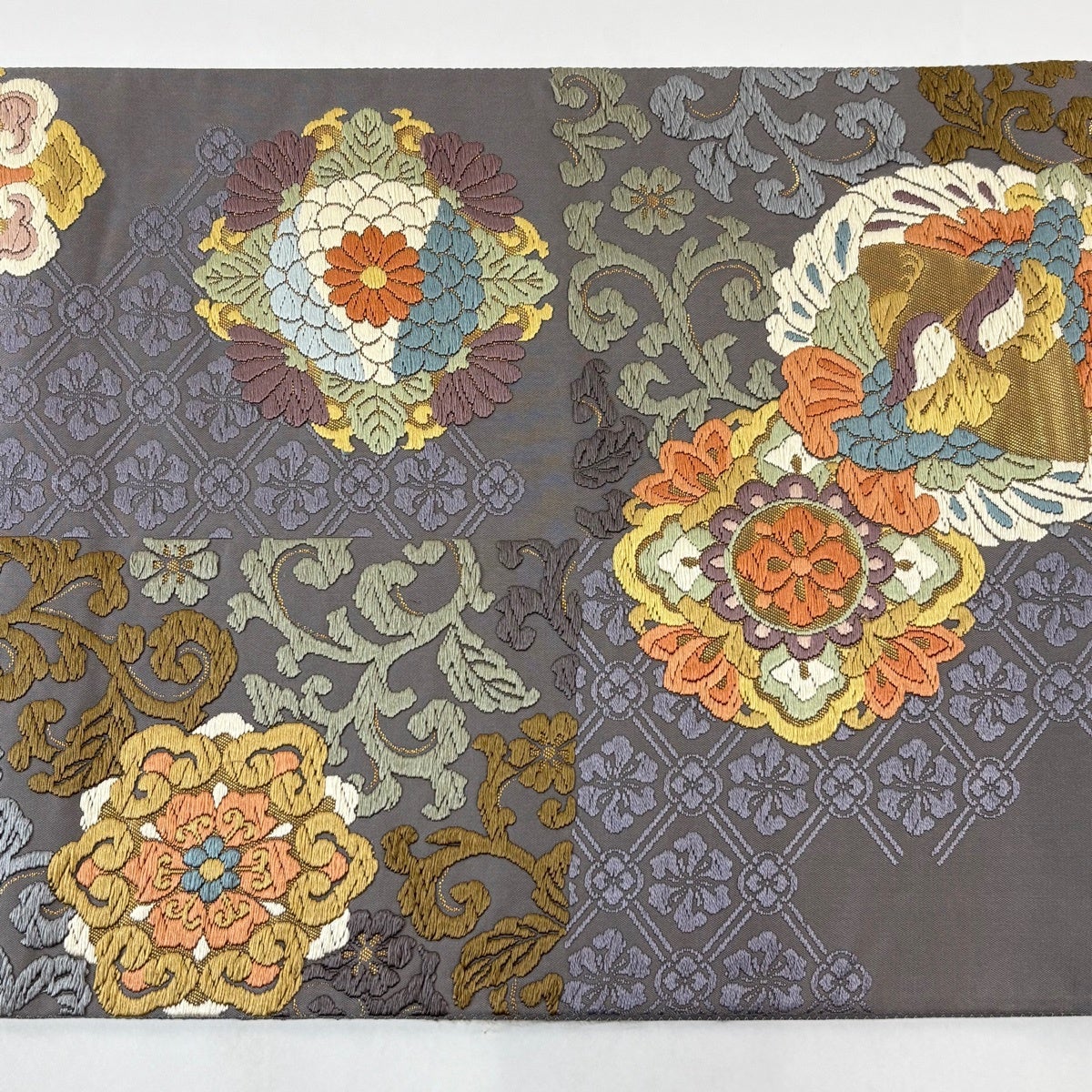 美品】 袋帯 秀品 慶祥唐織 華文 向かい鳥 箔 唐織 灰紫 六通 正絹