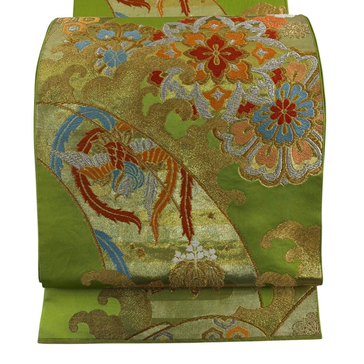 専用帯6100 ●川島織物謹製 高級 正絹 六通 袋帯 花文 華文 袋帯 秀品 川島織物 落款あり 関西仕立て 華文 丸文 金銀糸 箔 青 六通