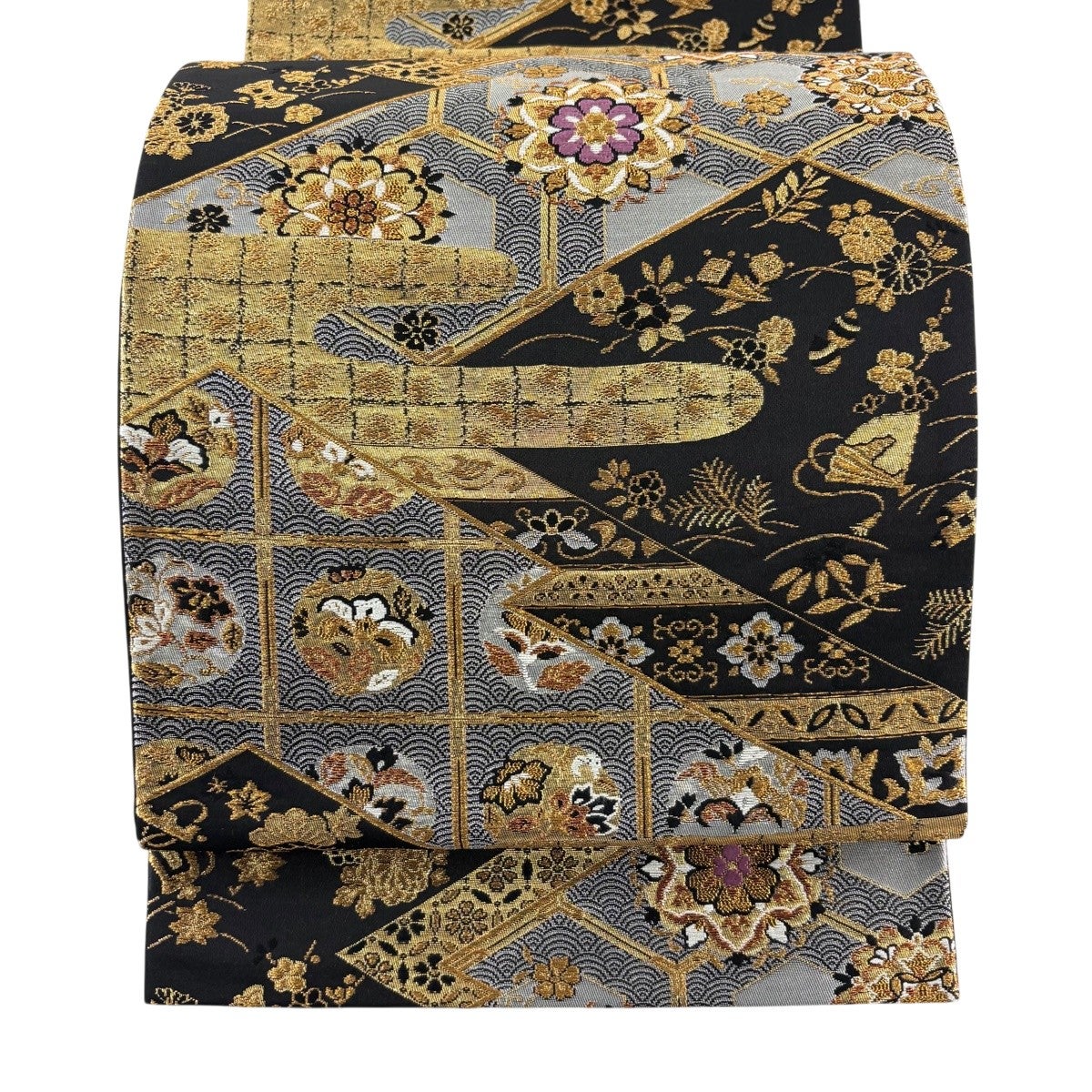 美品】 袋帯 秀品 華文 草花 金銀彩 箔 金茶 お太鼓柄 正絹｜中古